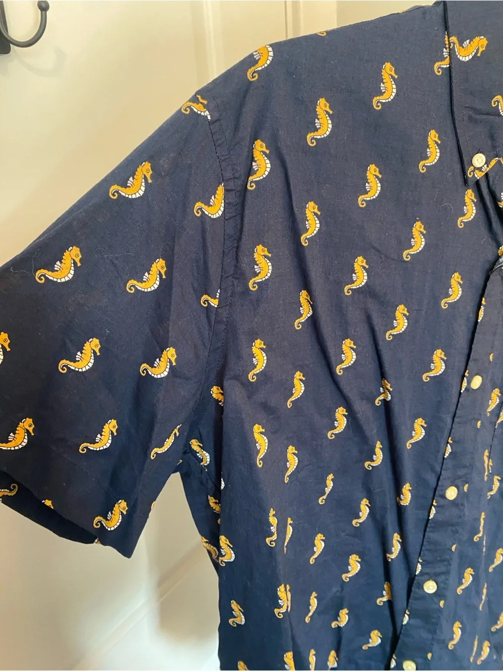 J. Crew Navy Short-Sleeve Button-Down with Yellow Seahorse Print L